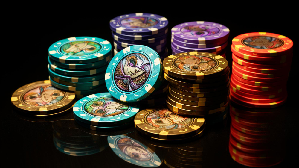 Jetons de casino et jetons de poker sur une table avec reflet