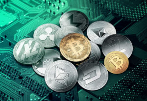 Different cryptocurrencies in a circle with a golden bitcoin in