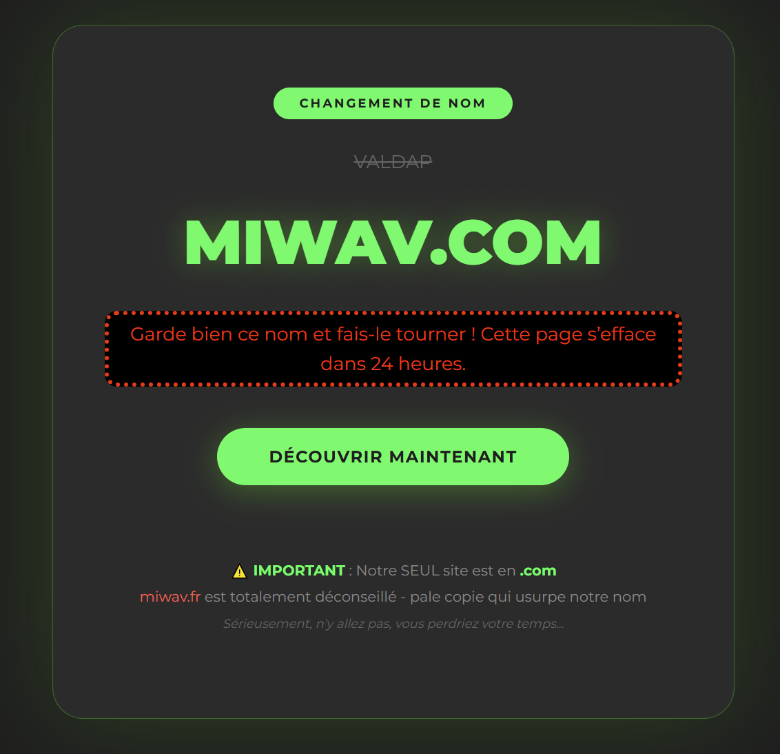 Archive de décembre 2025 indiquant Valdap vers Miwav — statut recontrôlé le 1er août 2026