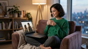 Femme regardant une série en streaming sur un ordinateur portable