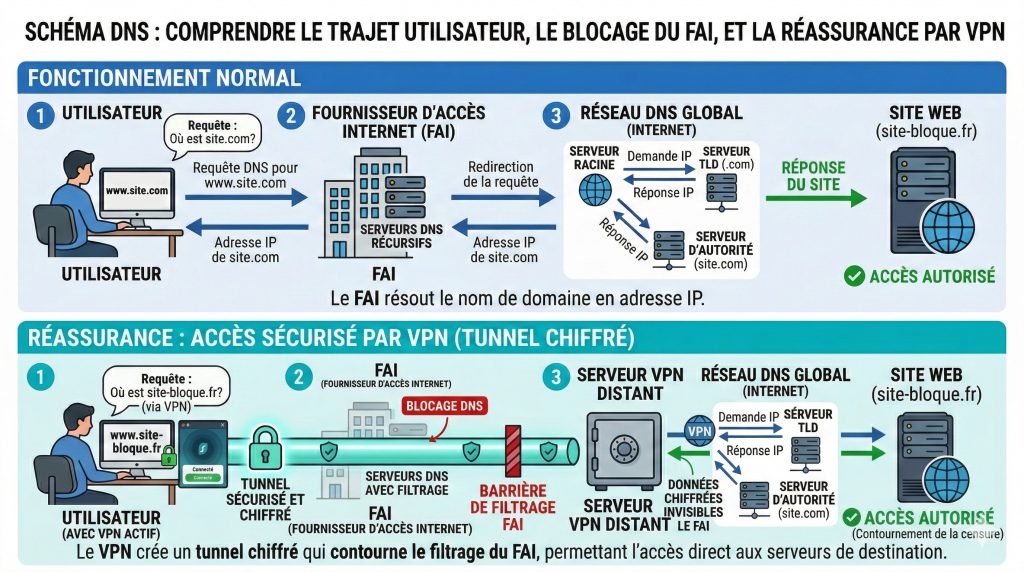 Fonctionnement d'un tunnel VPN chiffré pour contourner les blocages DNS et sécuriser sa connexion