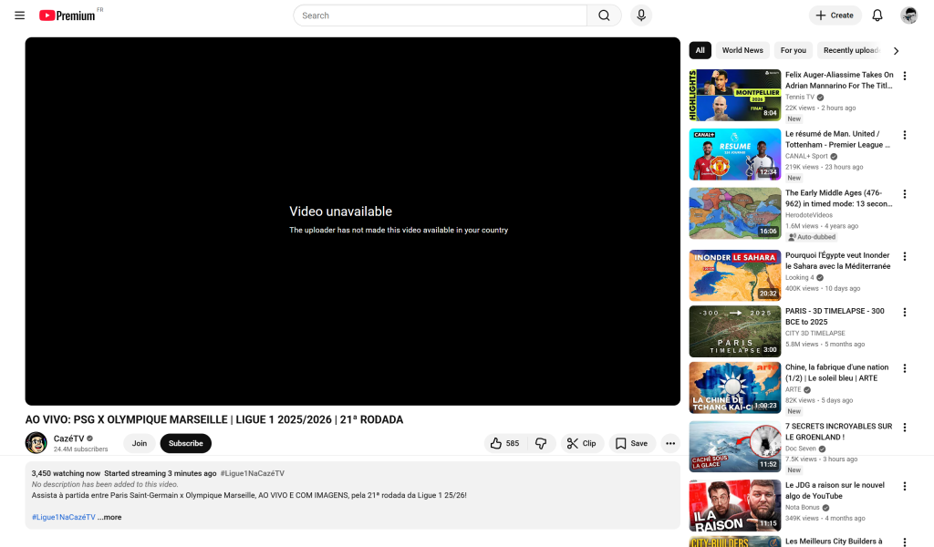 Sans VPN, vous ne pourrez pas regarder le match PSG OM gratuitement sur CazéTV
