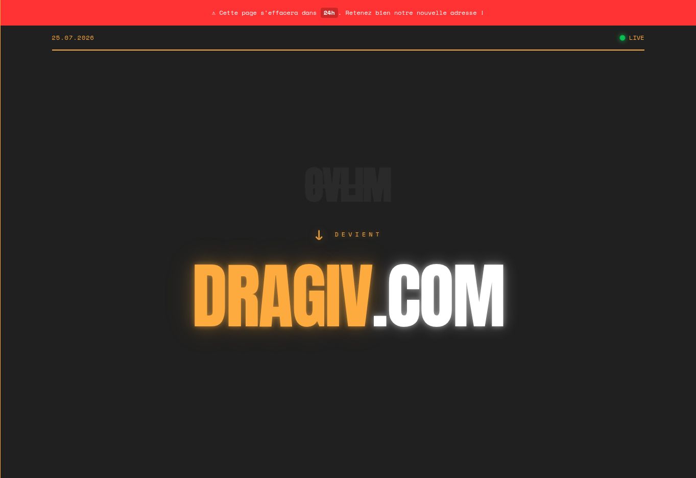 Page Ovlim annonçant DRAGIV.COM le 25 juillet 2026 — statut recontrôlé le 1er août 2026