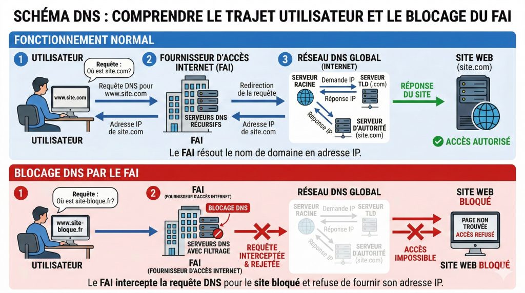 Schéma technique du blocage DNS des sites de streaming par les FAI et l'Arcom