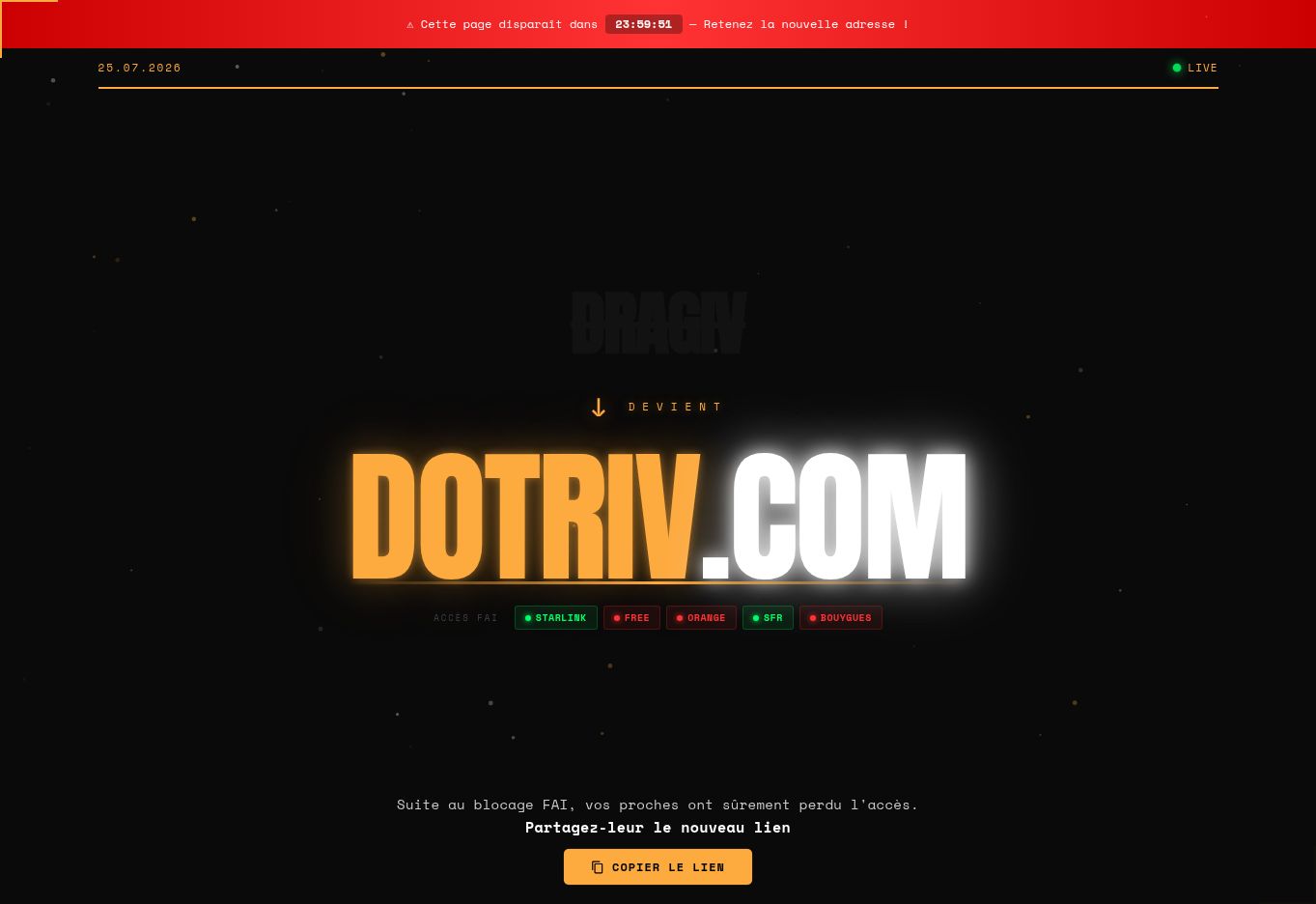 Page Dragiv annonçant DOTRIV.COM le 25 juillet 2026 — statut recontrôlé le 1er août 2026
