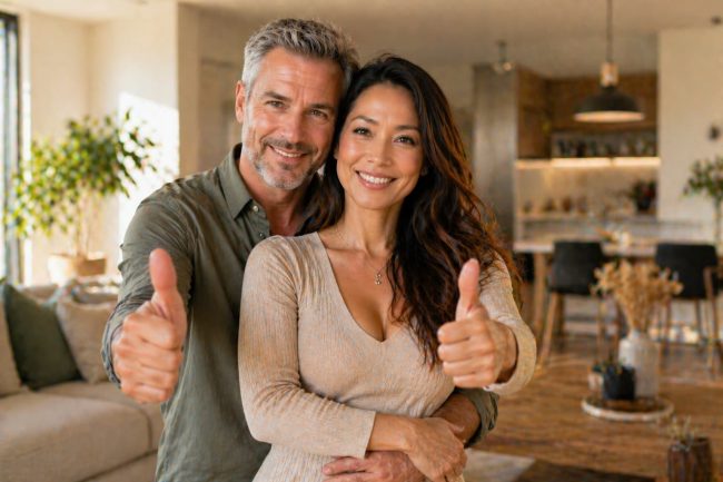 couple heureux optimisation cr&eacute;dits assurance pr&ecirc;t &eacute;conomie budget projet immobilier r&eacute;ussi