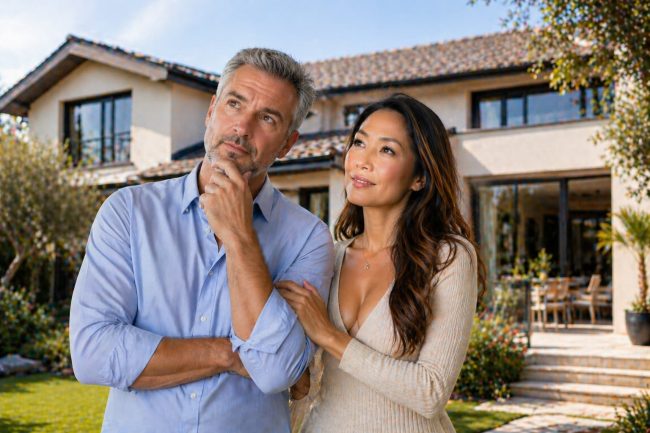 couple devant maison projet achat immobilier r&eacute;flexion financement pr&ecirc;t immobilier Pyr&eacute;n&eacute;es-Orientales