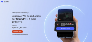 Application NordVPN connectée à Paris sur un smartphone, dans le visuel d’archive des French Days 2026.