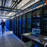 Intérieur d'un data center avec rangées de serveurs