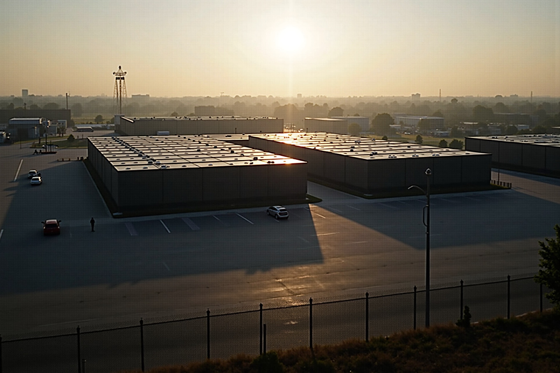Vue aérienne d'un data center moderne au coucher du soleil
