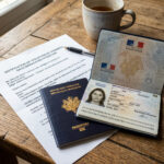 Passeport français bleu ouvert sur une table en bois avec un email imprimé de notification de fuite