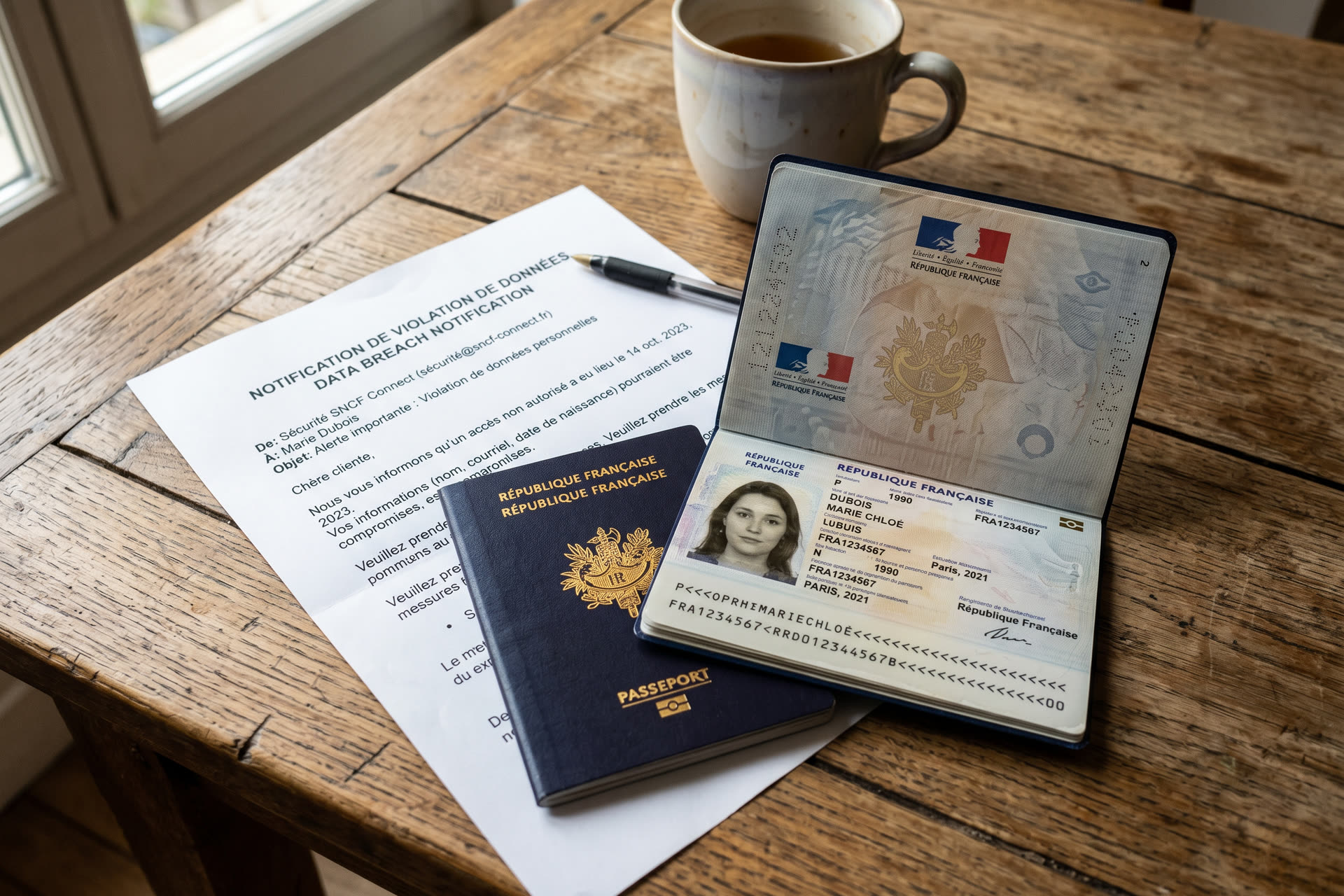 Passeport français bleu ouvert sur une table en bois avec un email imprimé de notification de fuite