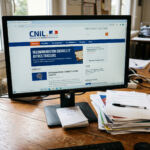 Écran d'ordinateur affichant le site de la CNIL avec des documents sur un bureau