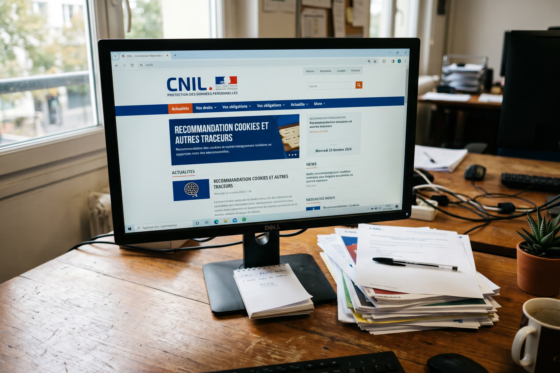 Écran d'ordinateur affichant le site de la CNIL avec des documents sur un bureau