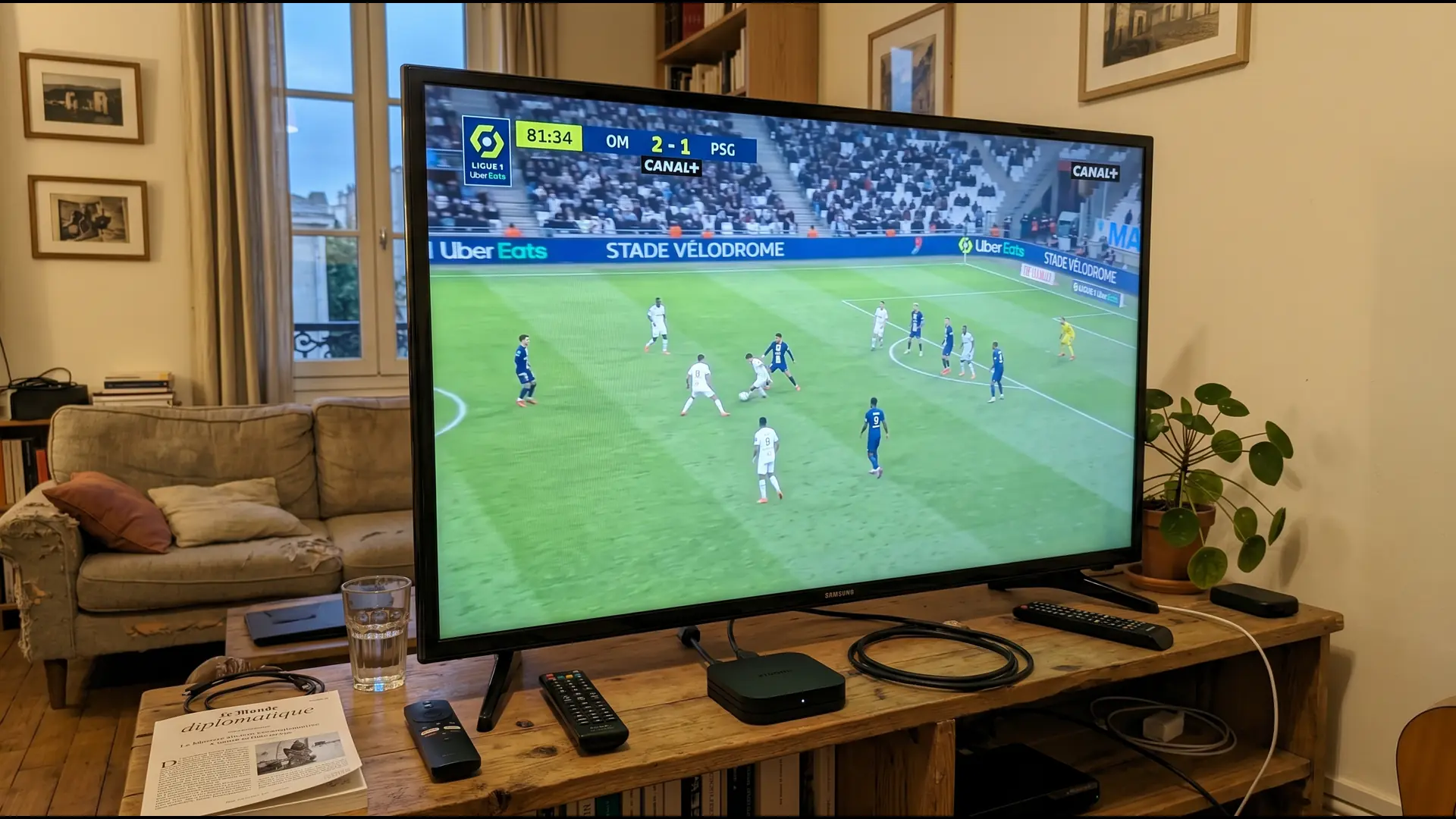 Télévision dans un salon français diffusant un match de Ligue 1, avec un boîtier de streaming IPTV