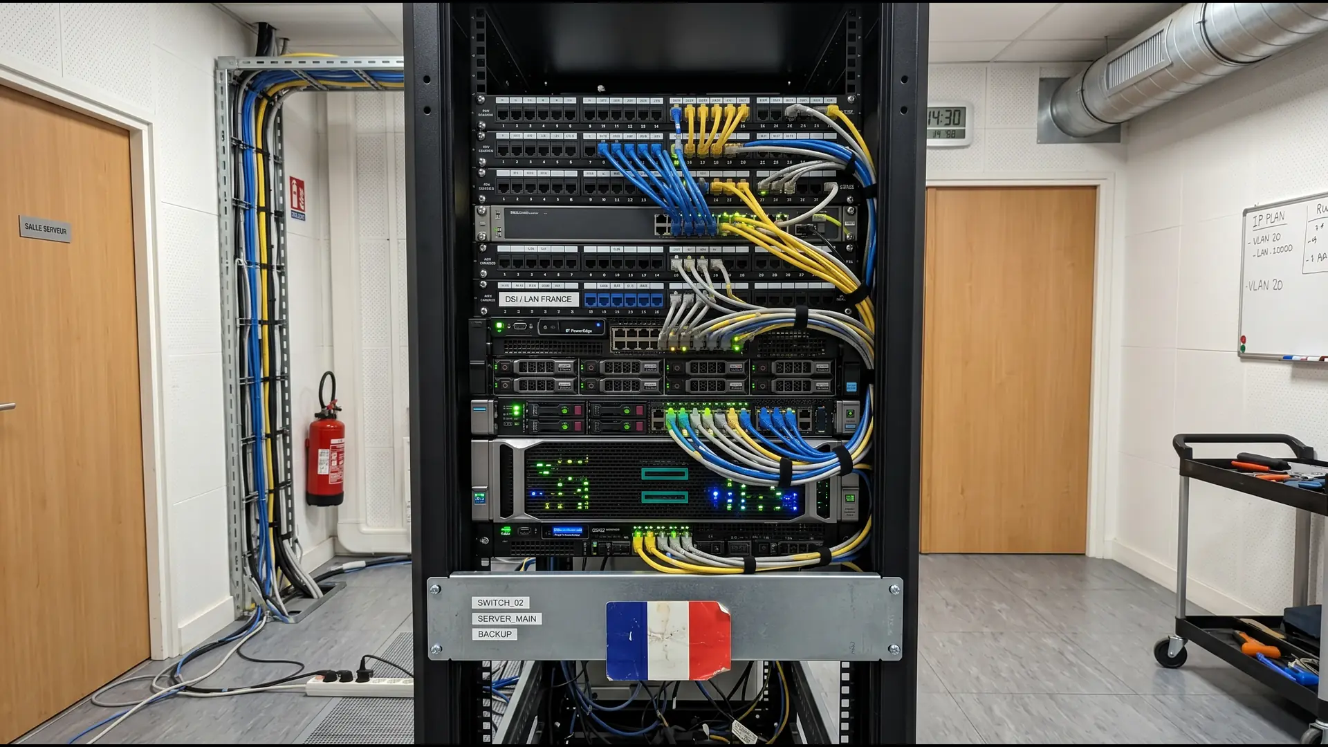 Serveurs dans une salle informatique française avec drapeau français, illustration du cloud souverain