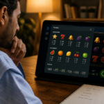 Homme mauritanien analysant la table des gains d’une machine à sous sur une tablette avant de jouer