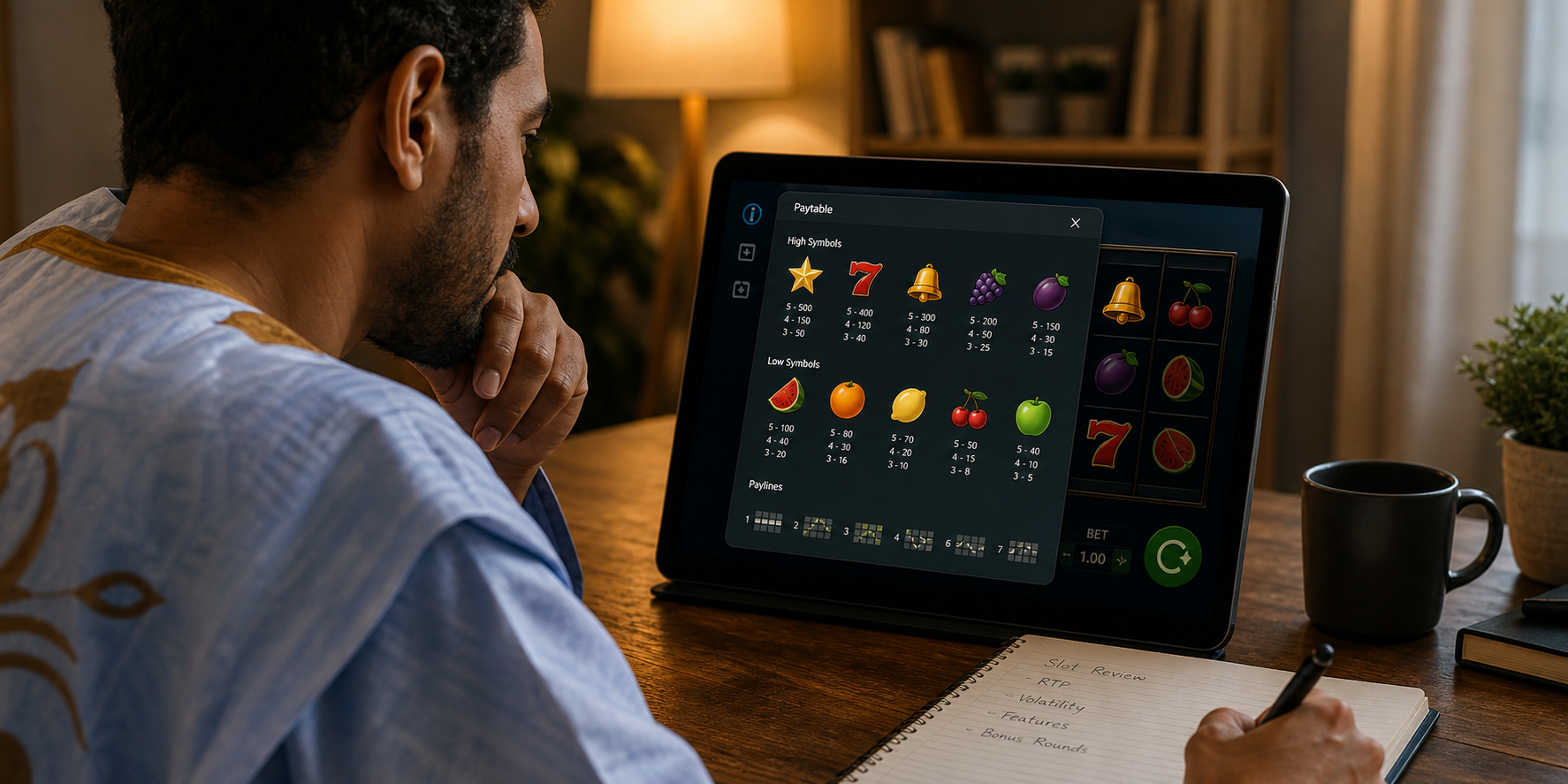 Homme mauritanien analysant la table des gains d’une machine à sous sur une tablette avant de jouer