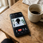 Smartphone avec teleconsultation sur une table en bois
