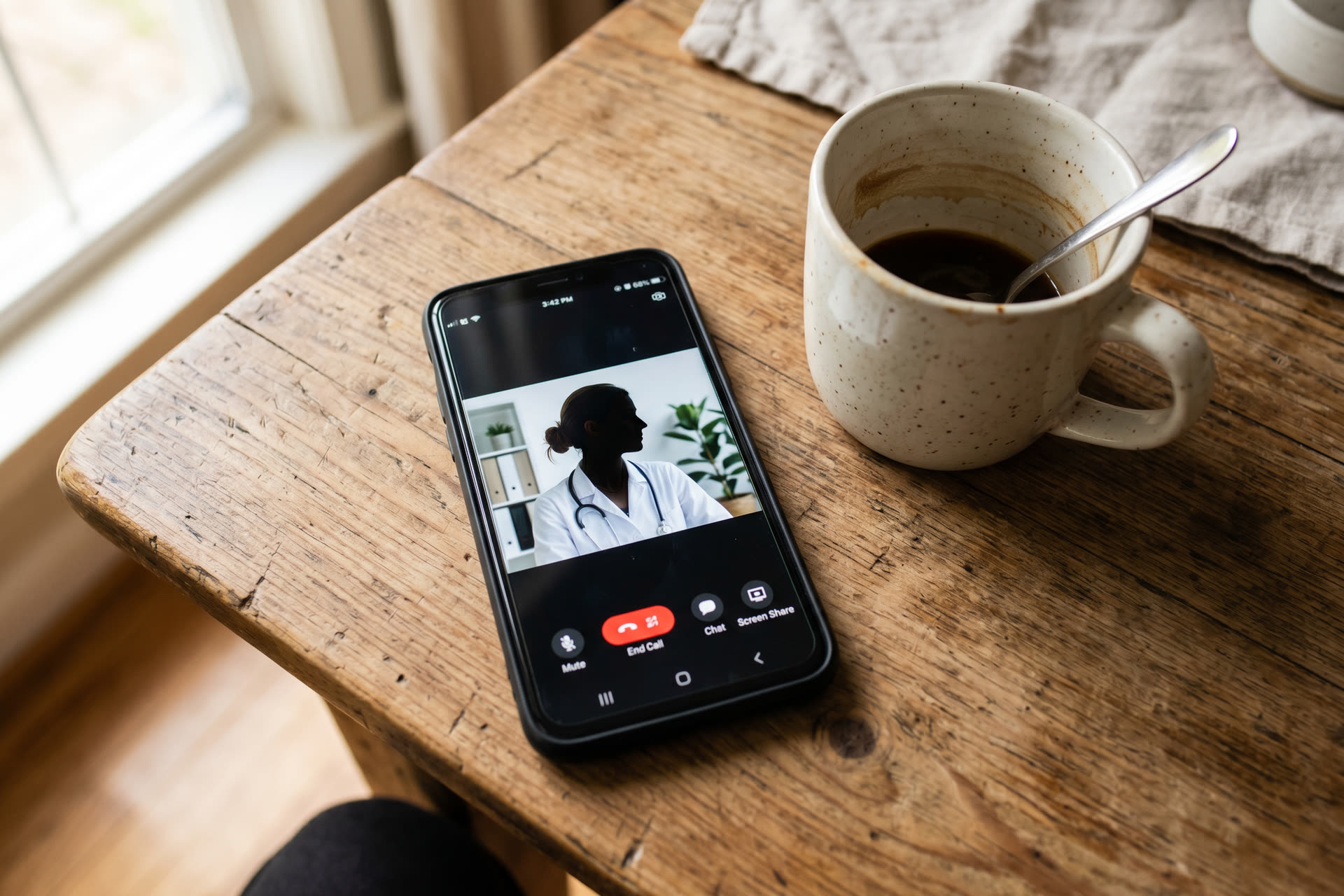 Smartphone avec teleconsultation sur une table en bois
