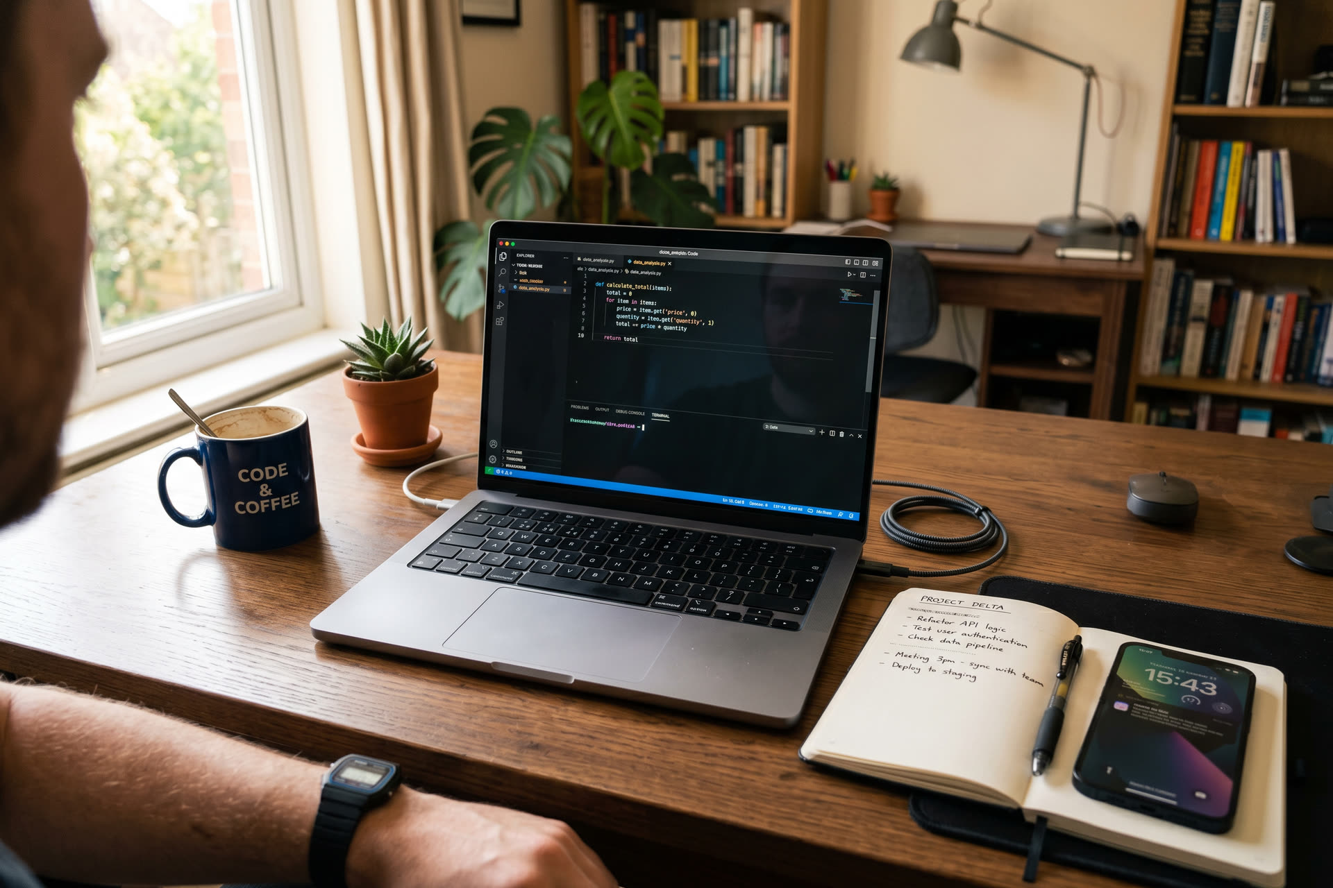 Laptop avec editeur de code sur un bureau a domicile