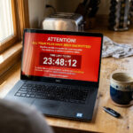 Ransomware Titan : la première IA qui chiffre vos fichiers Écran d'ordinateur portable affichant une alerte ransomware rouge avec un compte à rebours