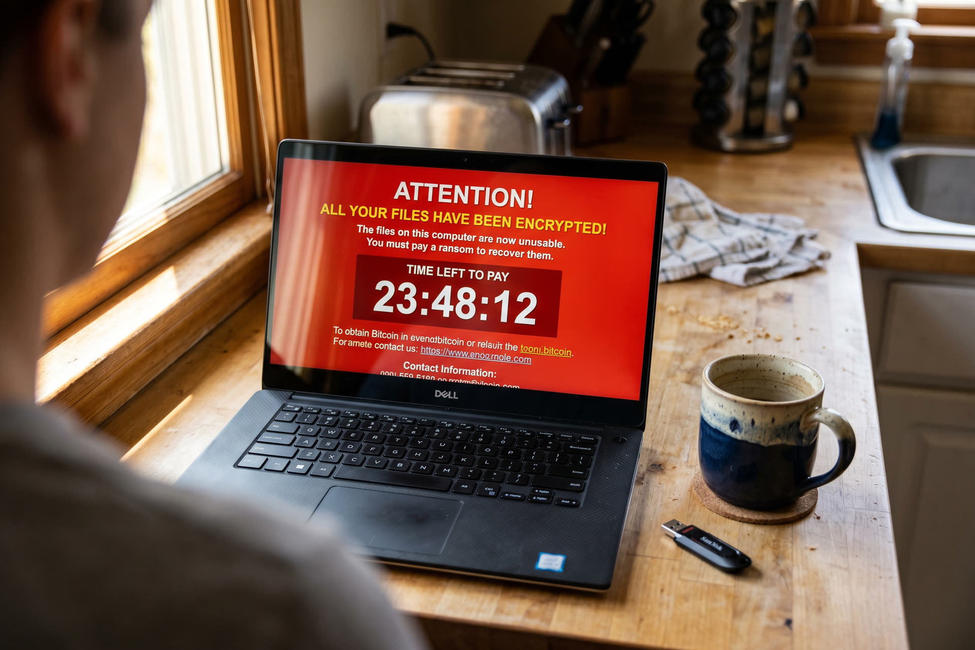 Écran d'ordinateur portable affichant une alerte ransomware rouge avec un compte à rebours