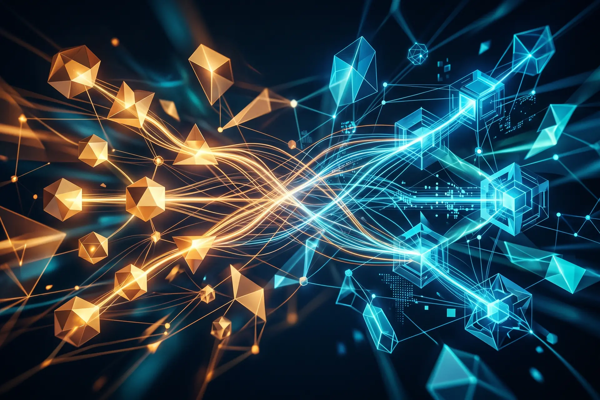 Agents IA enterprise : collaboration humain-machine, formes géométriques connectées par des lignes de lumière sur fond sombre