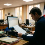Agent public français à son bureau administratif consultant un document