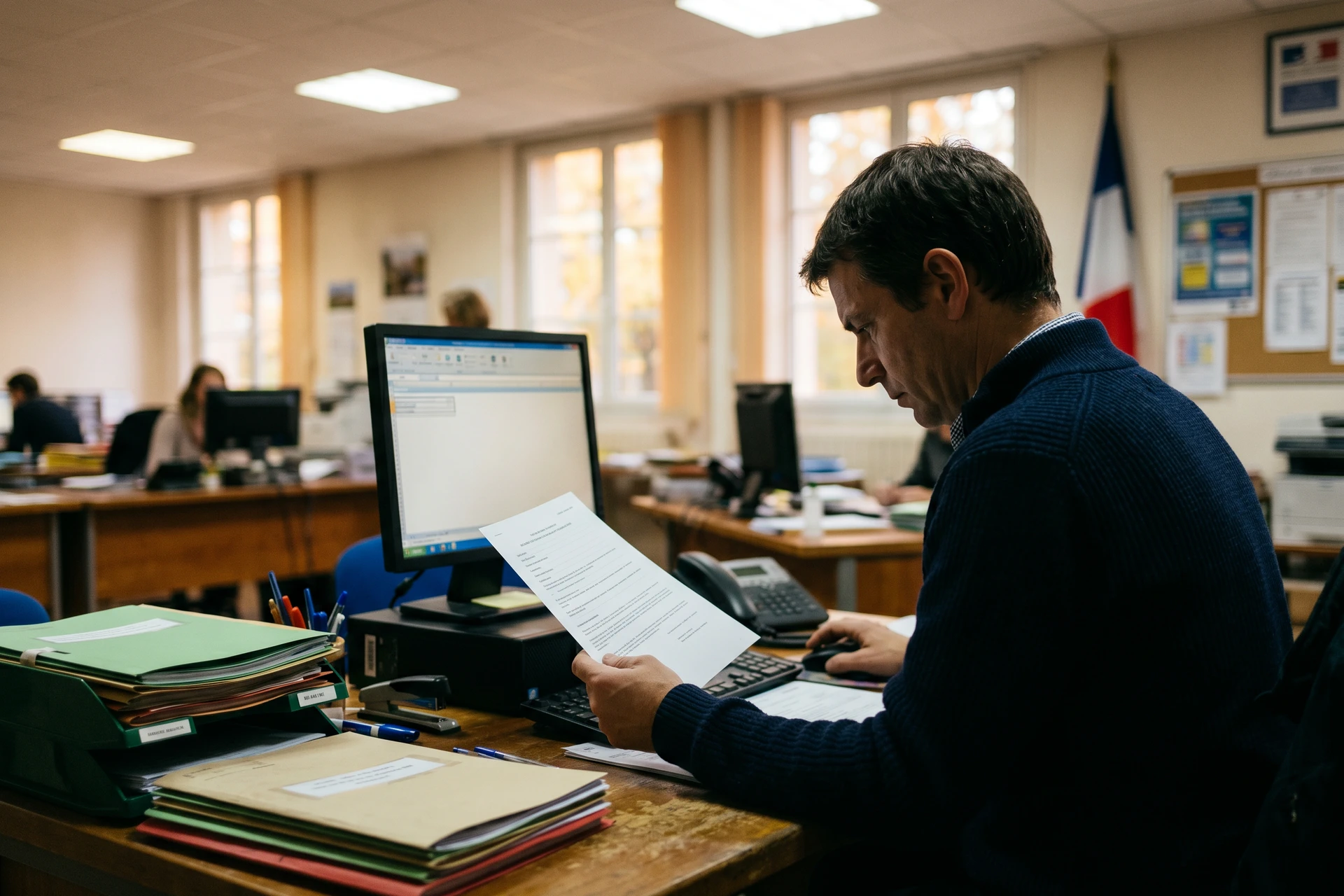 Agent public français à son bureau administratif consultant un document