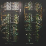 Vue d'un data center sombre avec rangées de serveurs, illustration Apple Intelligence 2.0 et Private Cloud Compute WWDC 2026