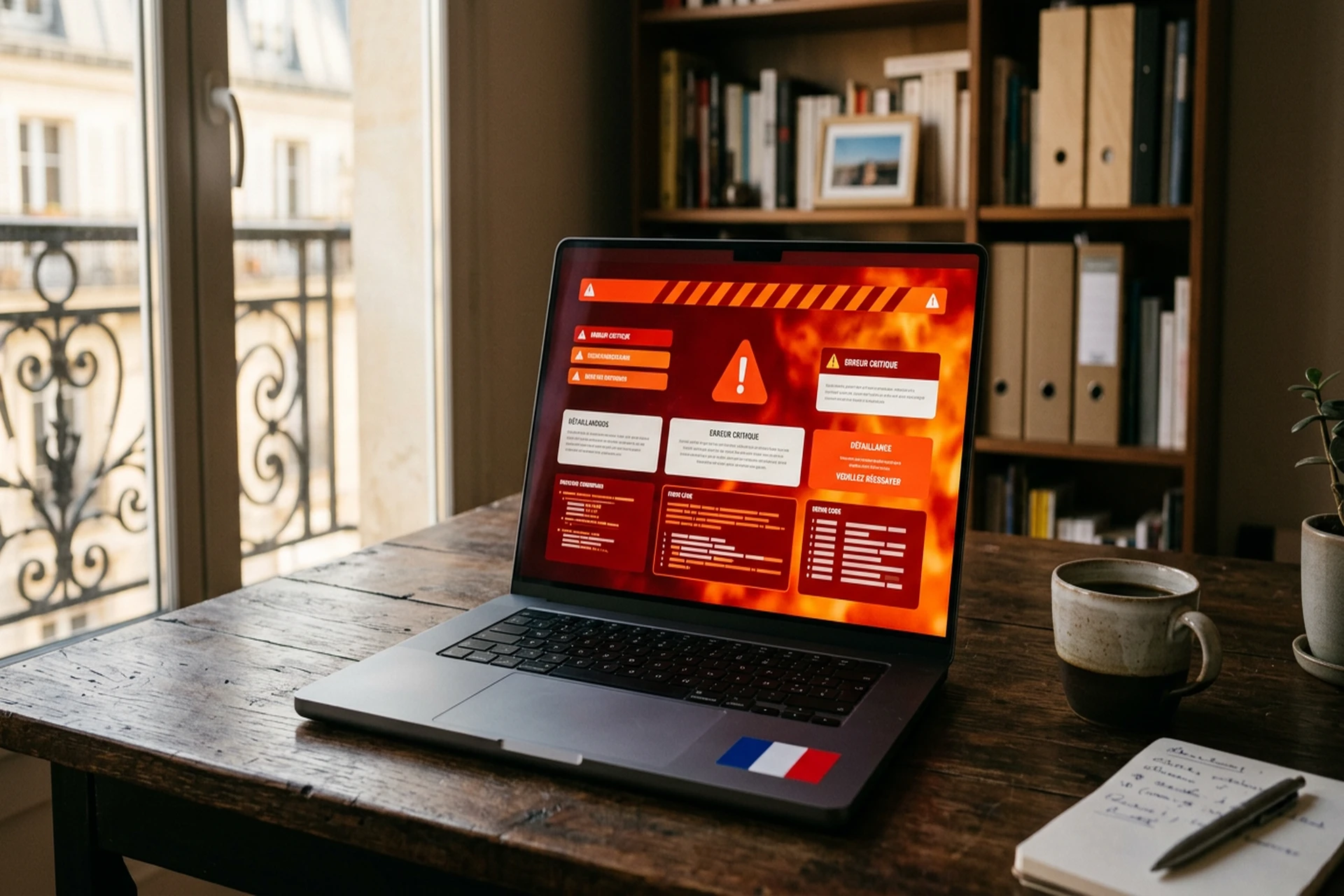 Panne de Claude AI le 23 juin 2026 : écran d'erreur sur un laptop de bureau à domicile