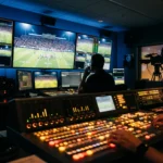 Régie de production TV diffusant un match de football avec consoles de mixage et écrans 4K lors de la Coupe du Monde 2026