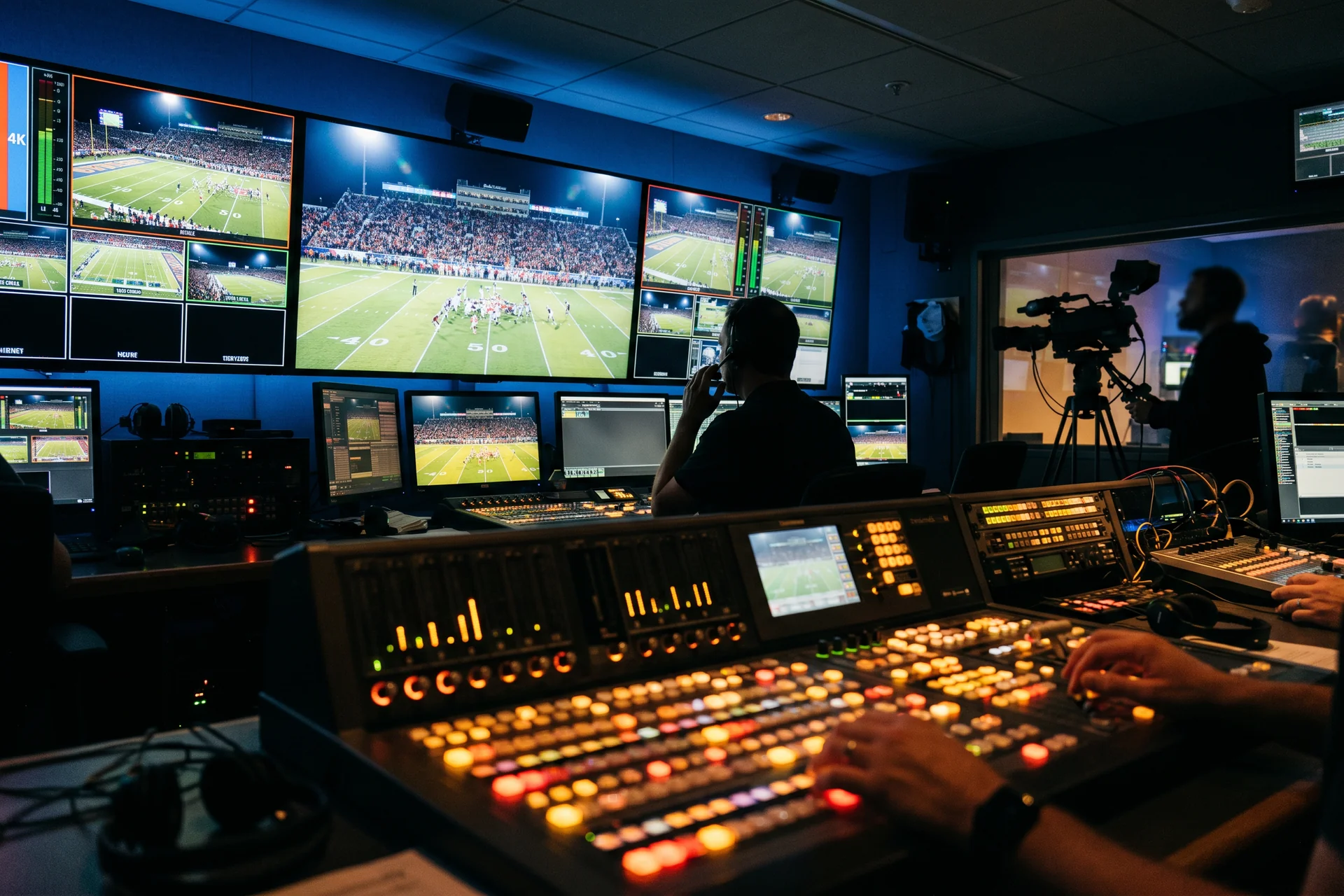 Régie de production TV diffusant un match de football avec consoles de mixage et écrans 4K lors de la Coupe du Monde 2026