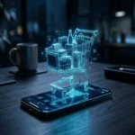 Photographie éditoriale représentant un smartphone sur un bureau sombre avec un hologramme de panier d'achat, symbolisant un agent IA qui achète en ligne