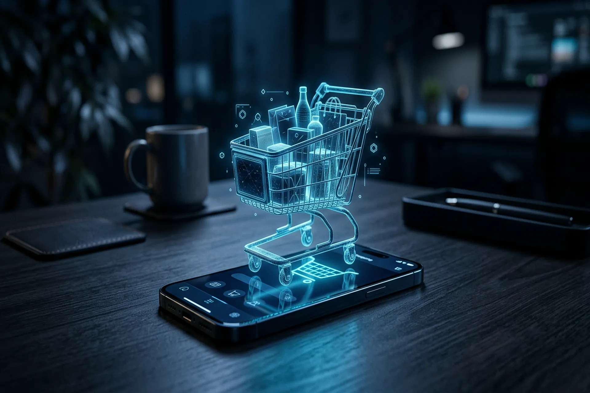 Photographie éditoriale représentant un smartphone sur un bureau sombre avec un hologramme de panier d'achat, symbolisant un agent IA qui achète en ligne