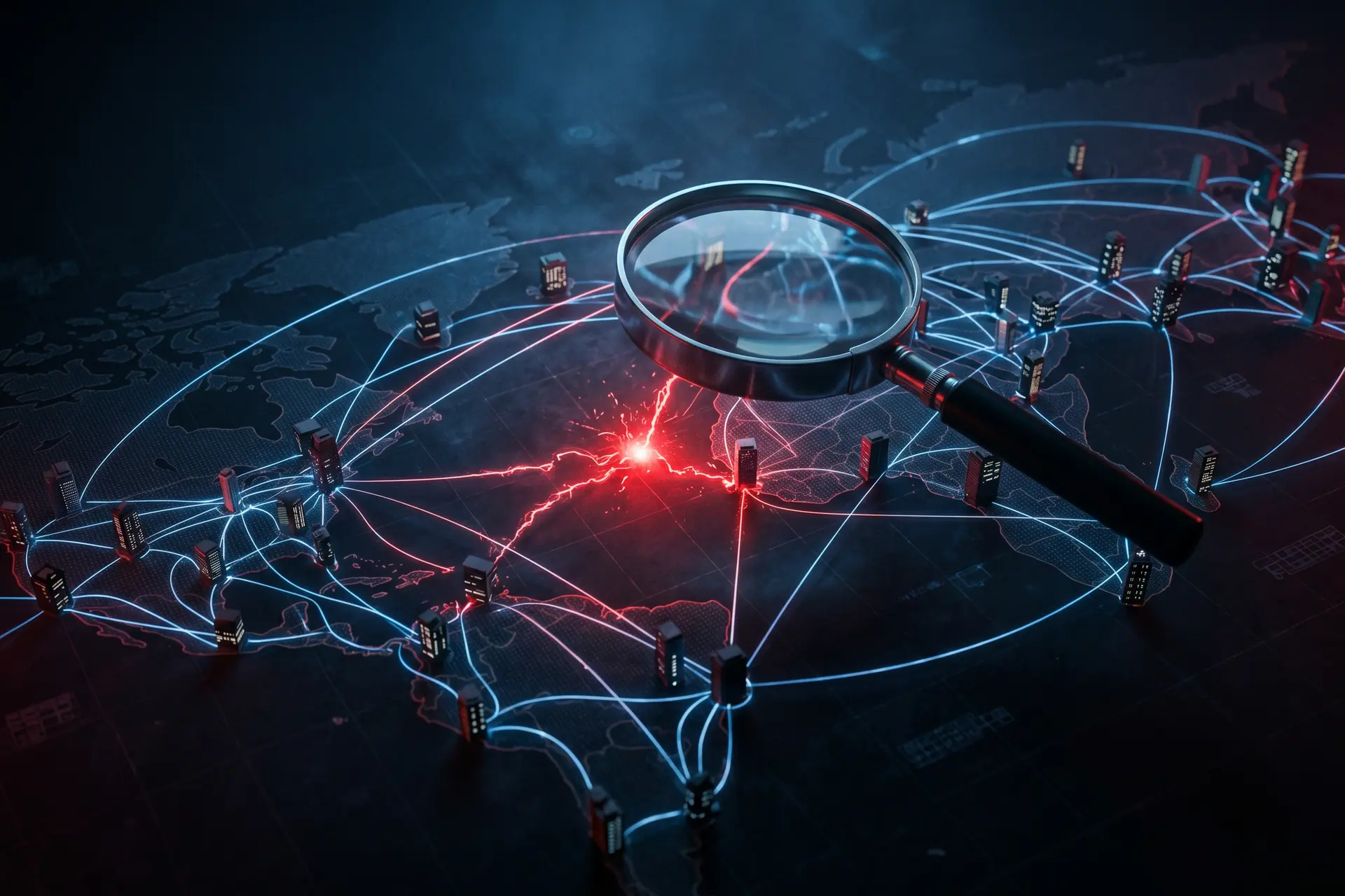 Reseau mondial de fournisseurs connectes avec point de breach rouge central, illustration de la cyberattaque supply chain MOVEit