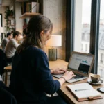 Freelance consultant français travaillant sur ordinateur portable en espace de coworking