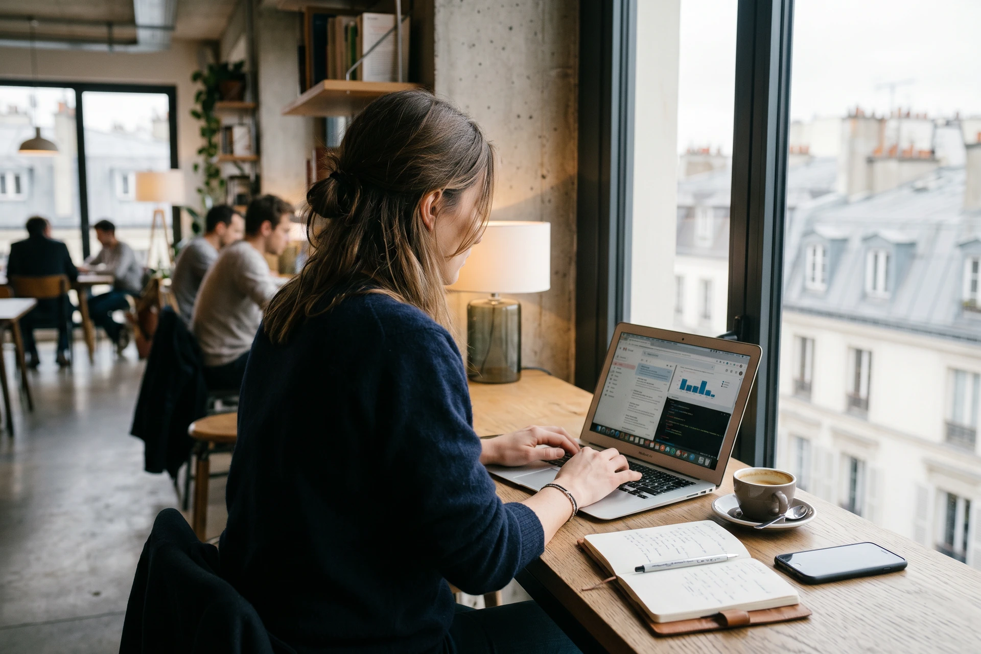 Freelance consultant français travaillant sur ordinateur portable en espace de coworking