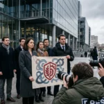 IA et juristes en grève : ce que Dalloz et le Mississippi nous disent Petit rassemblement de salariés professionnels devant un siège social moderne parisien avec une banderole syndicale, ambiance photojournalistique, ciel couvert hivernal et architecture verre acier en arrière-plan.