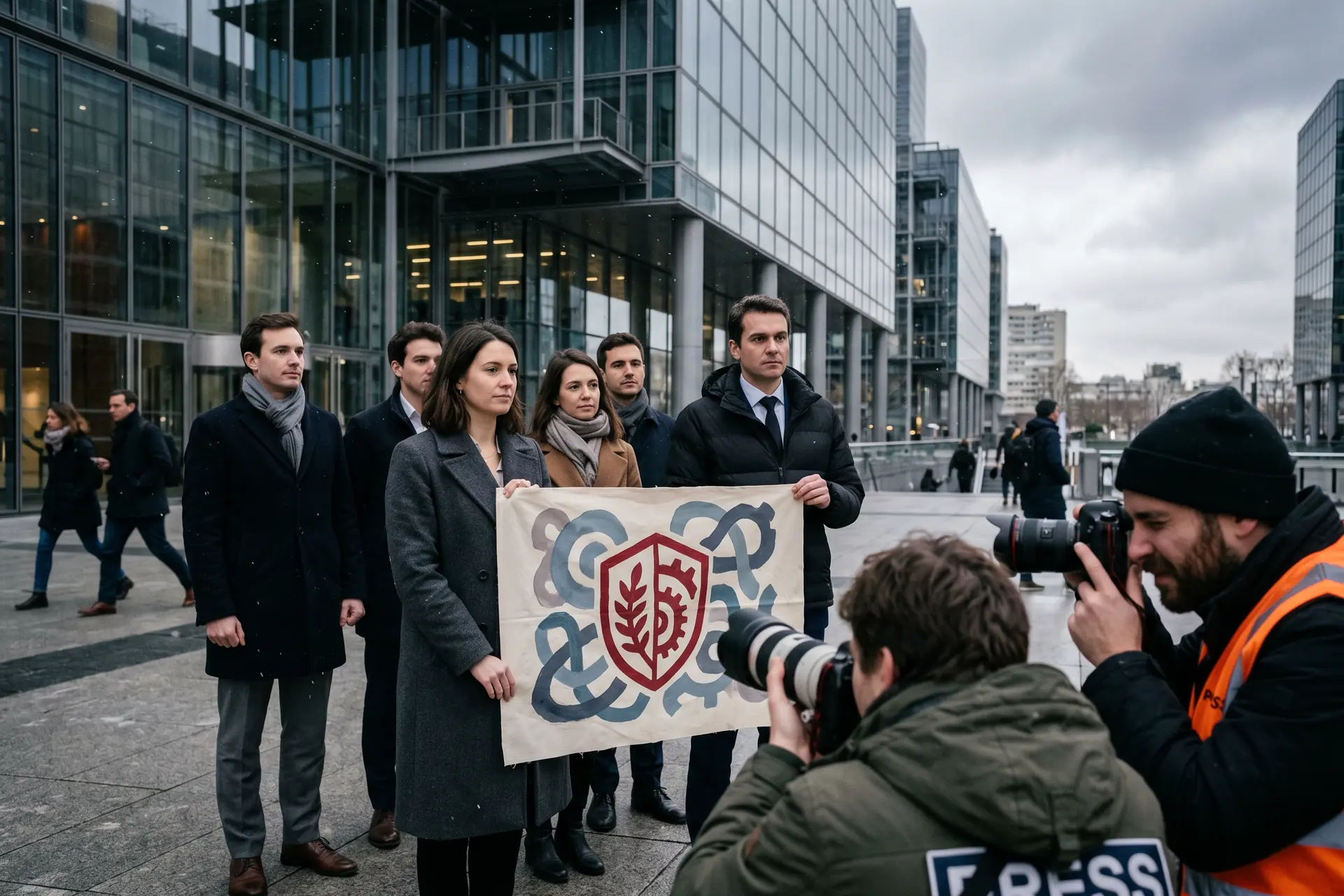Petit rassemblement de salariés professionnels devant un siège social moderne parisien avec une banderole syndicale, ambiance photojournalistique, ciel couvert hivernal et architecture verre acier en arrière-plan.