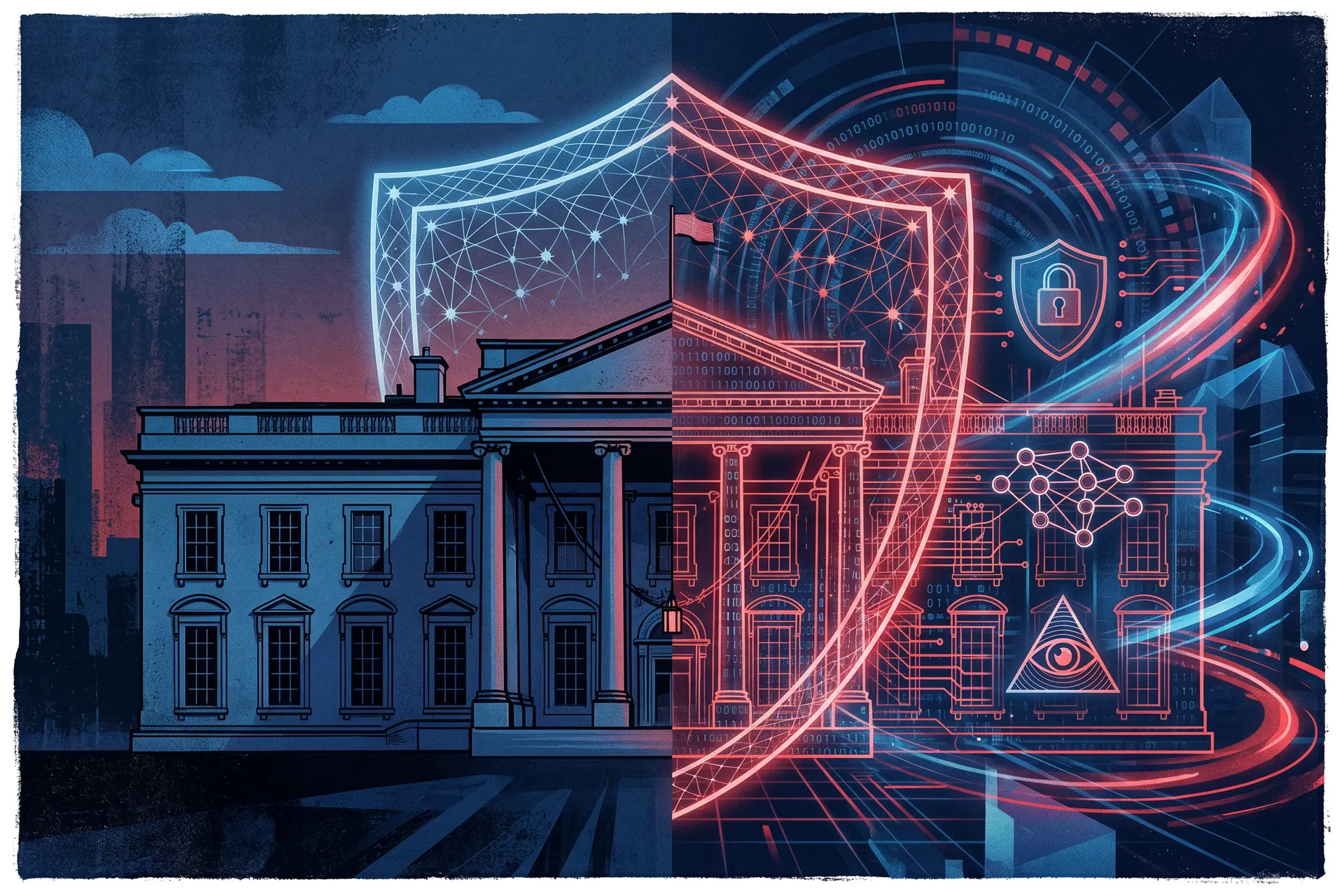 Décret IA cybersécurité Trump : Maison-Blanche avec bouclier numérique, motifs de circuits et symboles IA, illustrant la régulation des modèles avancés