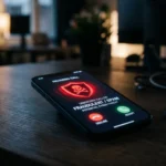 Smartphone affichant un appel entrant avec un bouclier d'alerte rouge