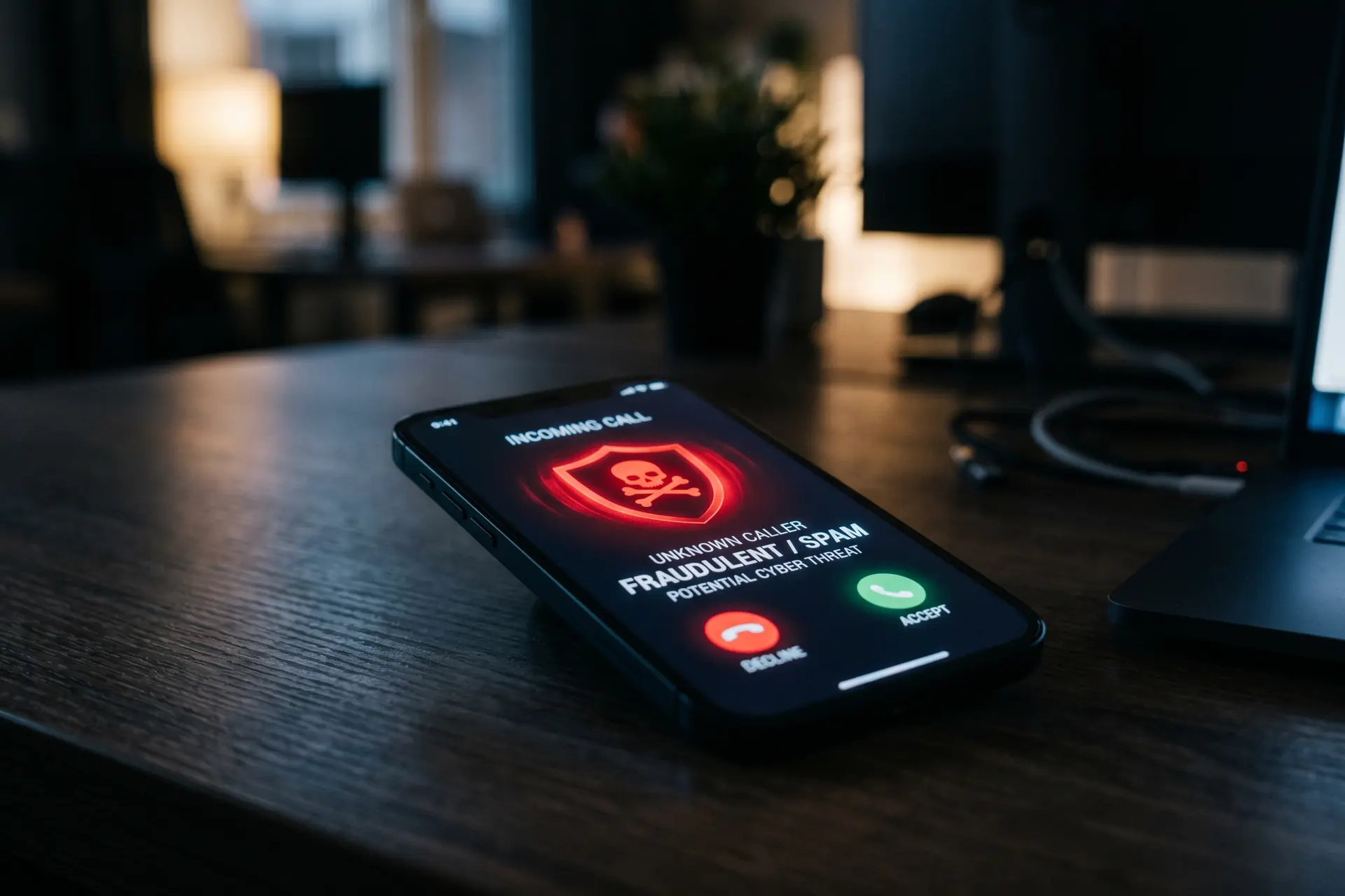 Smartphone affichant un appel entrant avec un bouclier d'alerte rouge