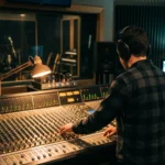 Photographie éditoriale d'un producteur de musique vu de dos, casque sur les oreilles, debout devant une console de mixage dans un studio d'enregistrement, symbolisant la création musicale humaine face à la détection IA