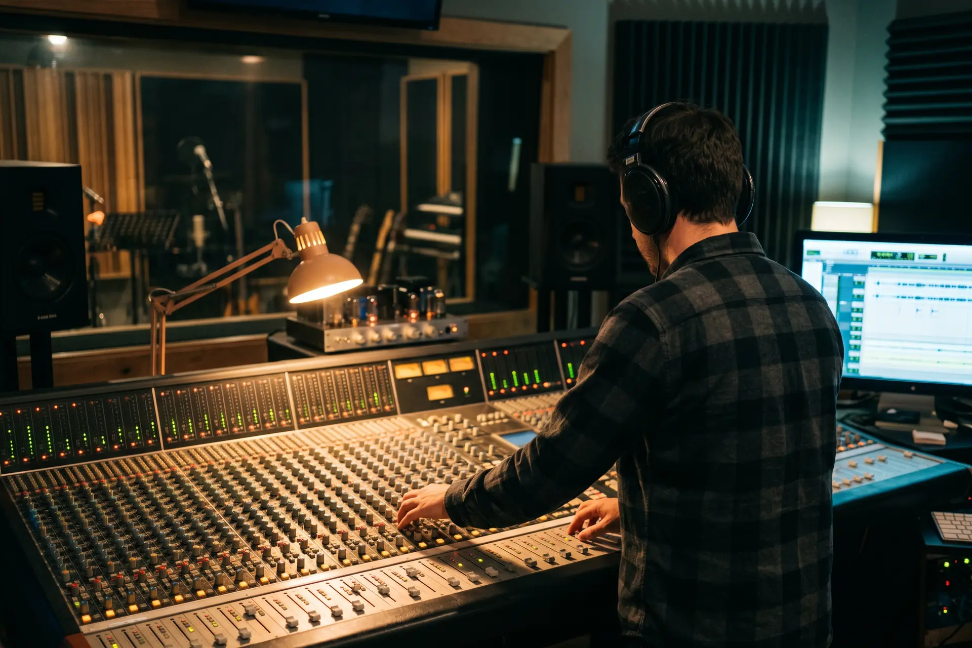 Photographie éditoriale d'un producteur de musique vu de dos, casque sur les oreilles, debout devant une console de mixage dans un studio d'enregistrement, symbolisant la création musicale humaine face à la détection IA