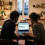 Couple français consultant un site immobilier sur ordinateur portable à domicile