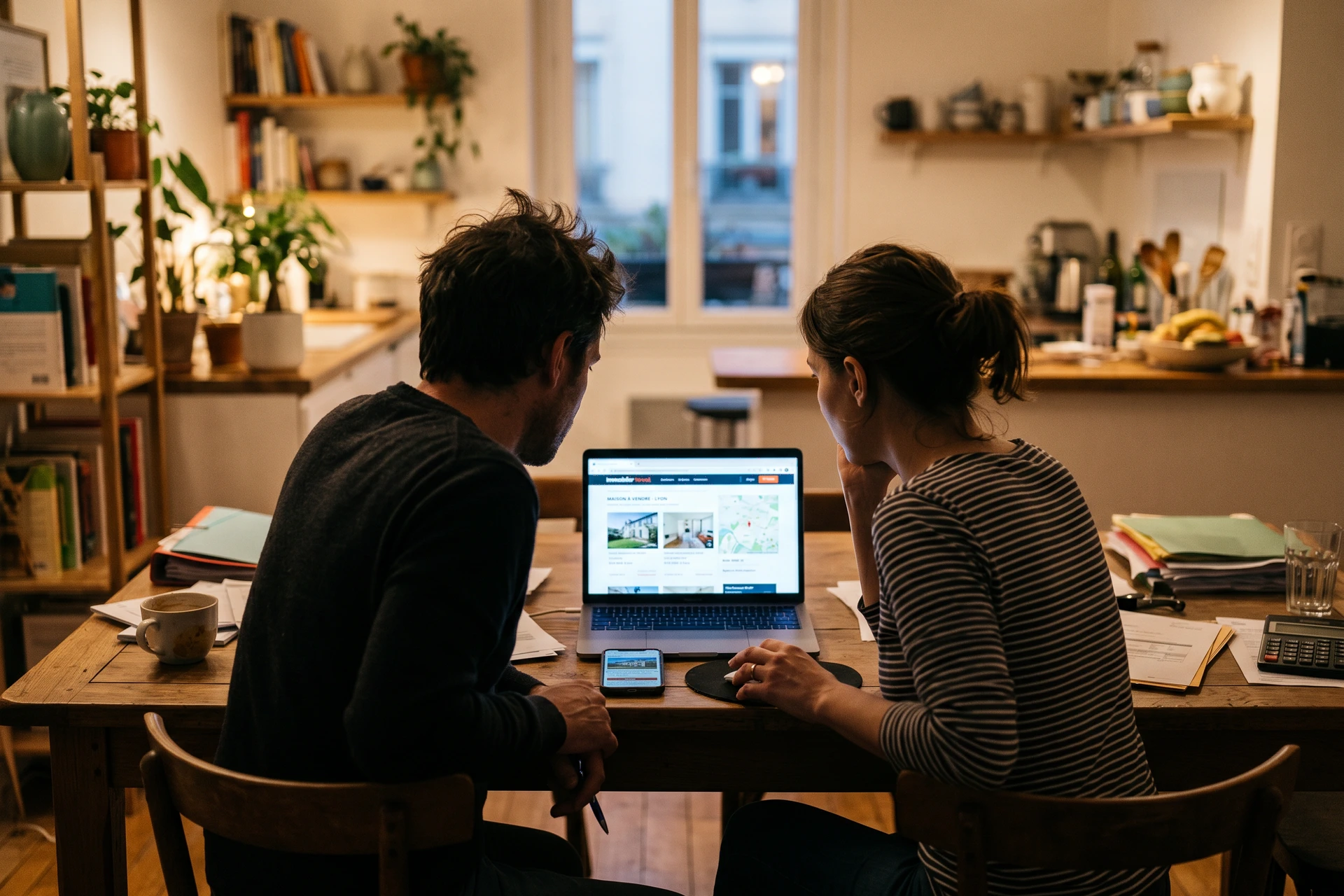 Couple français consultant un site immobilier sur ordinateur portable à domicile
