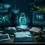 Photographie éditoriale sombre représentant un bureau éclairé par des écrans avec hologramme de cadenas numérique, symbolisant une enquête cyber