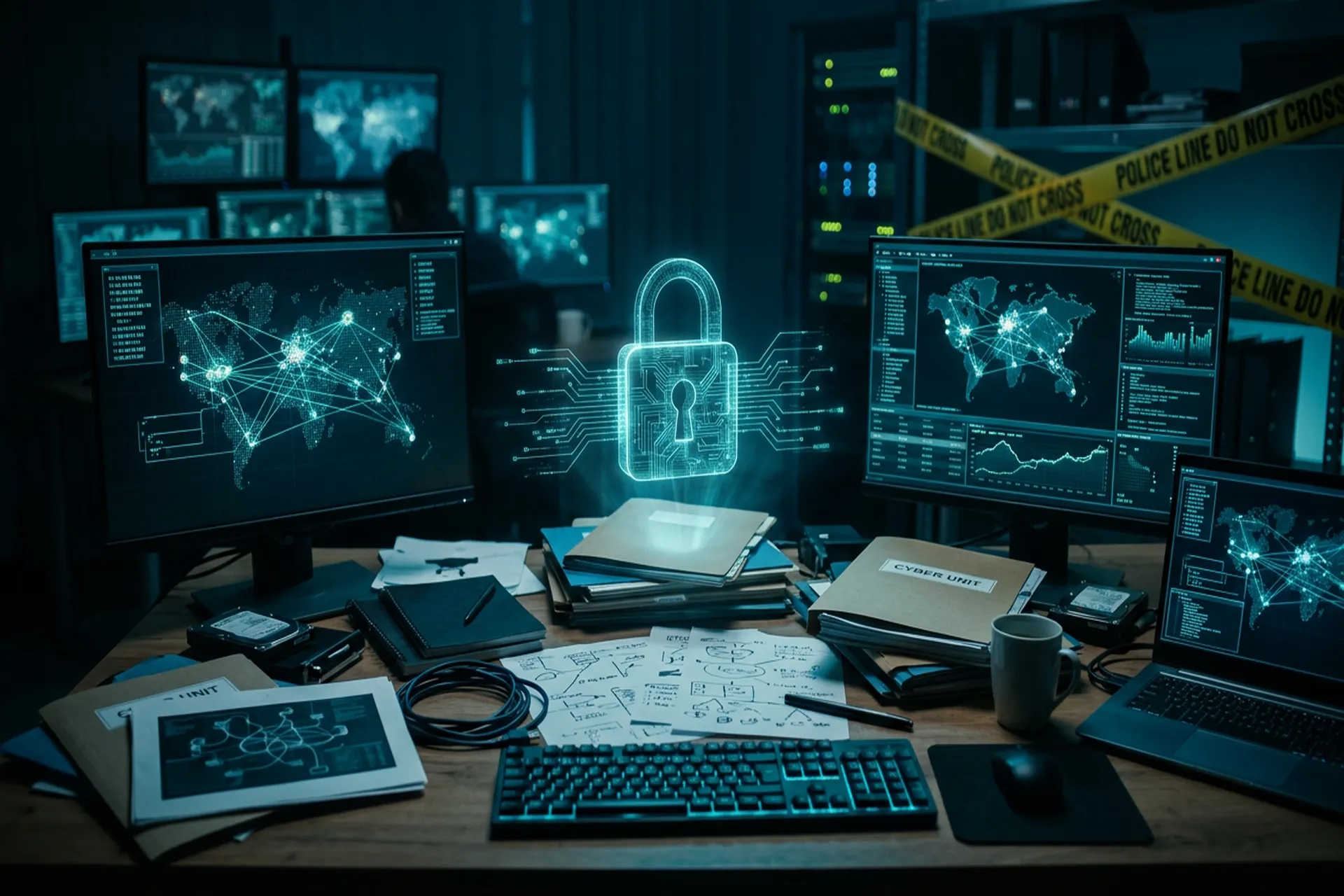 Photographie éditoriale sombre représentant un bureau éclairé par des écrans avec hologramme de cadenas numérique, symbolisant une enquête cyber